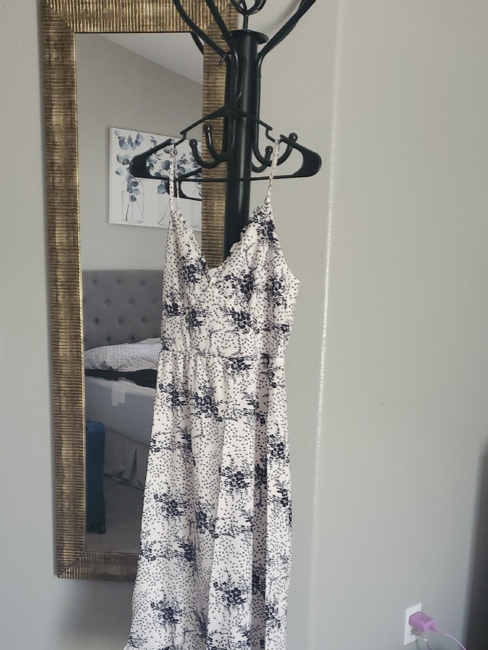 White and Black Floral Spaghetti-Strap Dress